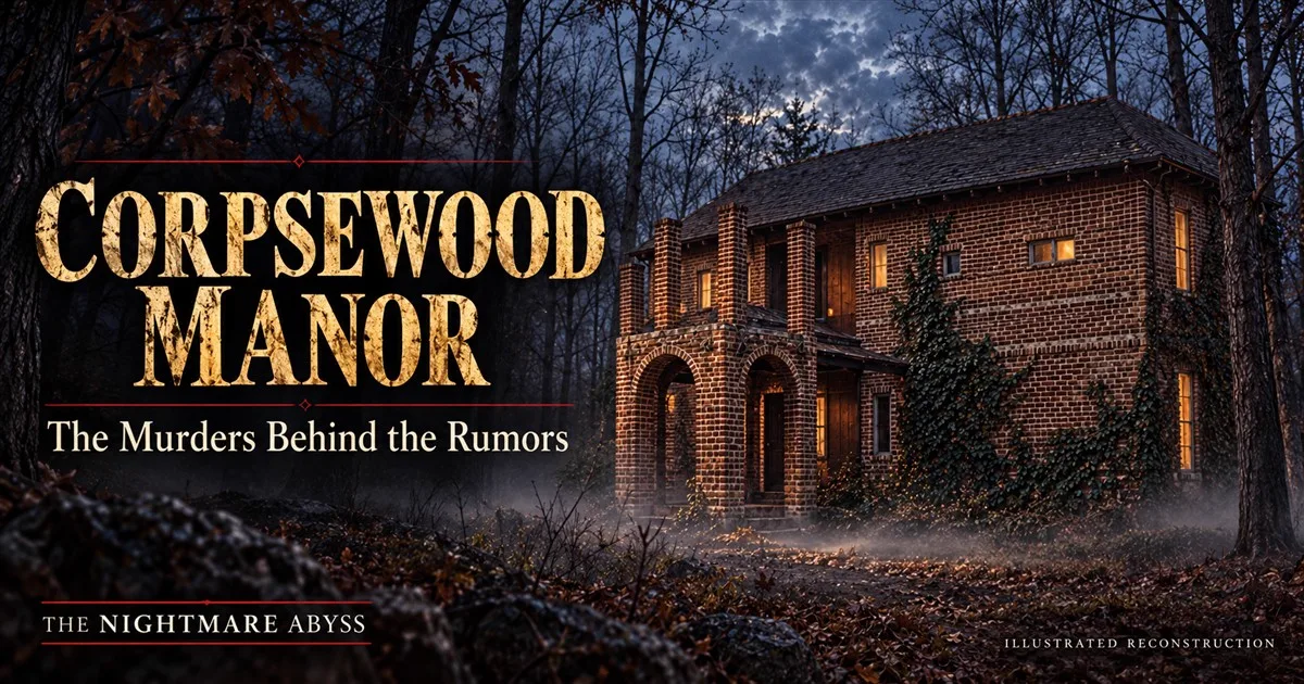 Illustrated reconstruction of Corpsewood Manor at dusk beside the title The Murders Behind the Rumors.