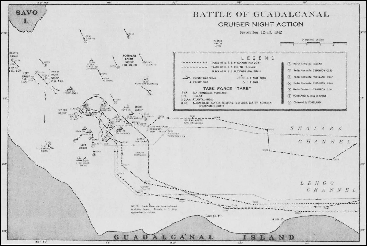 Office of Naval Intelligence track chart of the cruiser night action off Savo Island and Guadalcanal, 12 to 13 November 1942