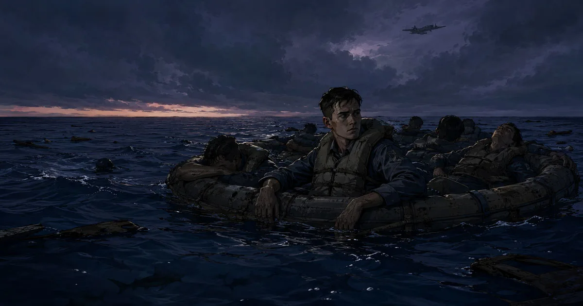 USS Juneau survivor Allen Heyn clinging to a circular life float with exhausted sailors in the dark Pacific as a distant B-17 passes overhead