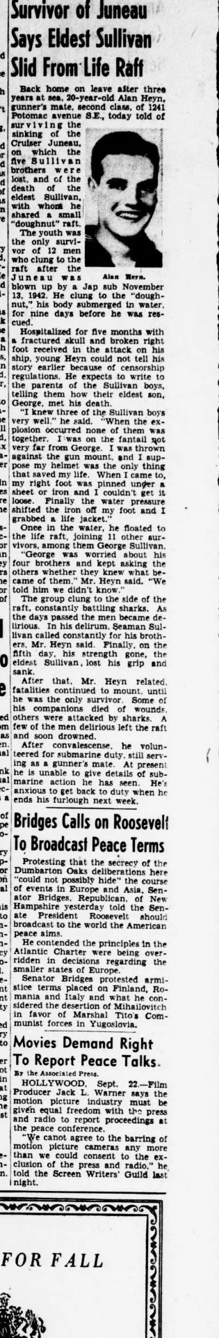 Newspaper clipping headlined Survivor of Juneau Says Eldest Sullivan Slid From Life Raft, with a portrait of Allen Heyn
