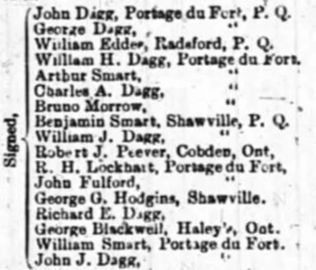 Printed newspaper list of seventeen names associated with the Dagg haunting attestation