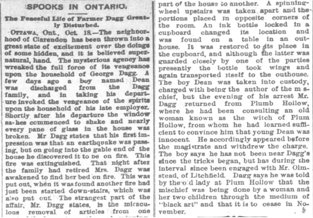 Newspaper report describing fires at the Dagg home, displaced household objects, and the withdrawn charge against Dean