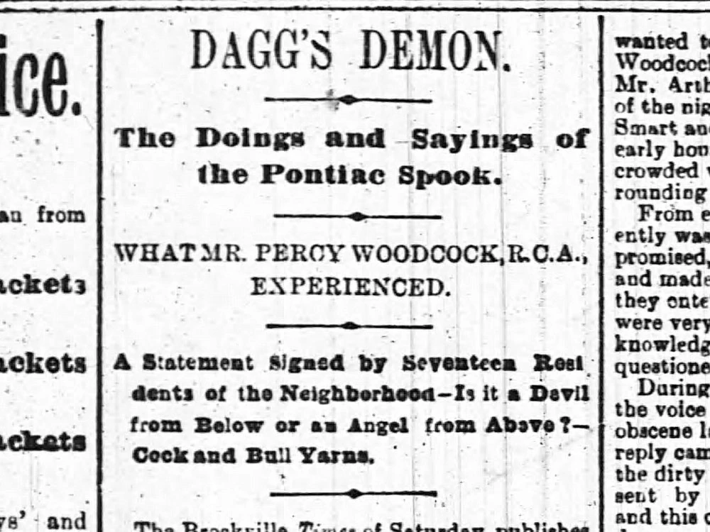 Dagg’s Demon newspaper headline naming Percy Woodcock and a statement signed by seventeen residents