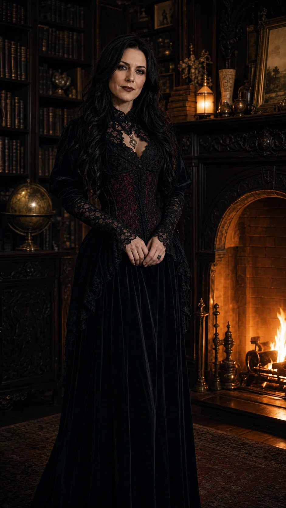 Julia Morgan, the goth narrator of The Nightmare Abyss, standing in a candlelit Victorian library