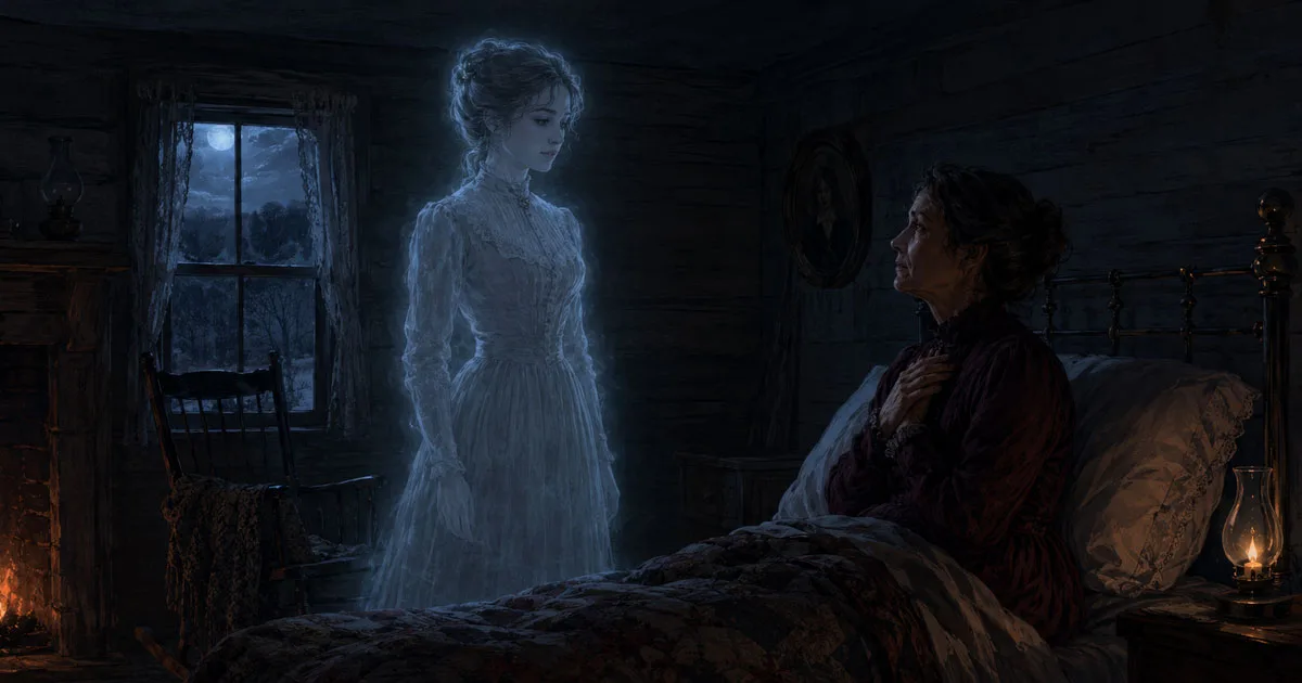 The Greenbrier Ghost, Zona Heaster Shue, appearing beside her mother Mary Jane's bed in a moonlit 1897 West Virginia farmhouse