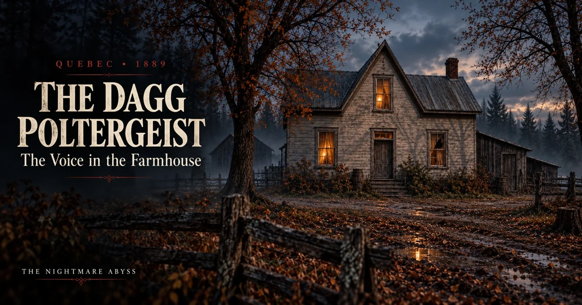 The Dagg Poltergeist: The Voice in the Farmhouse, over an illustrated Quebec farmhouse at dusk
