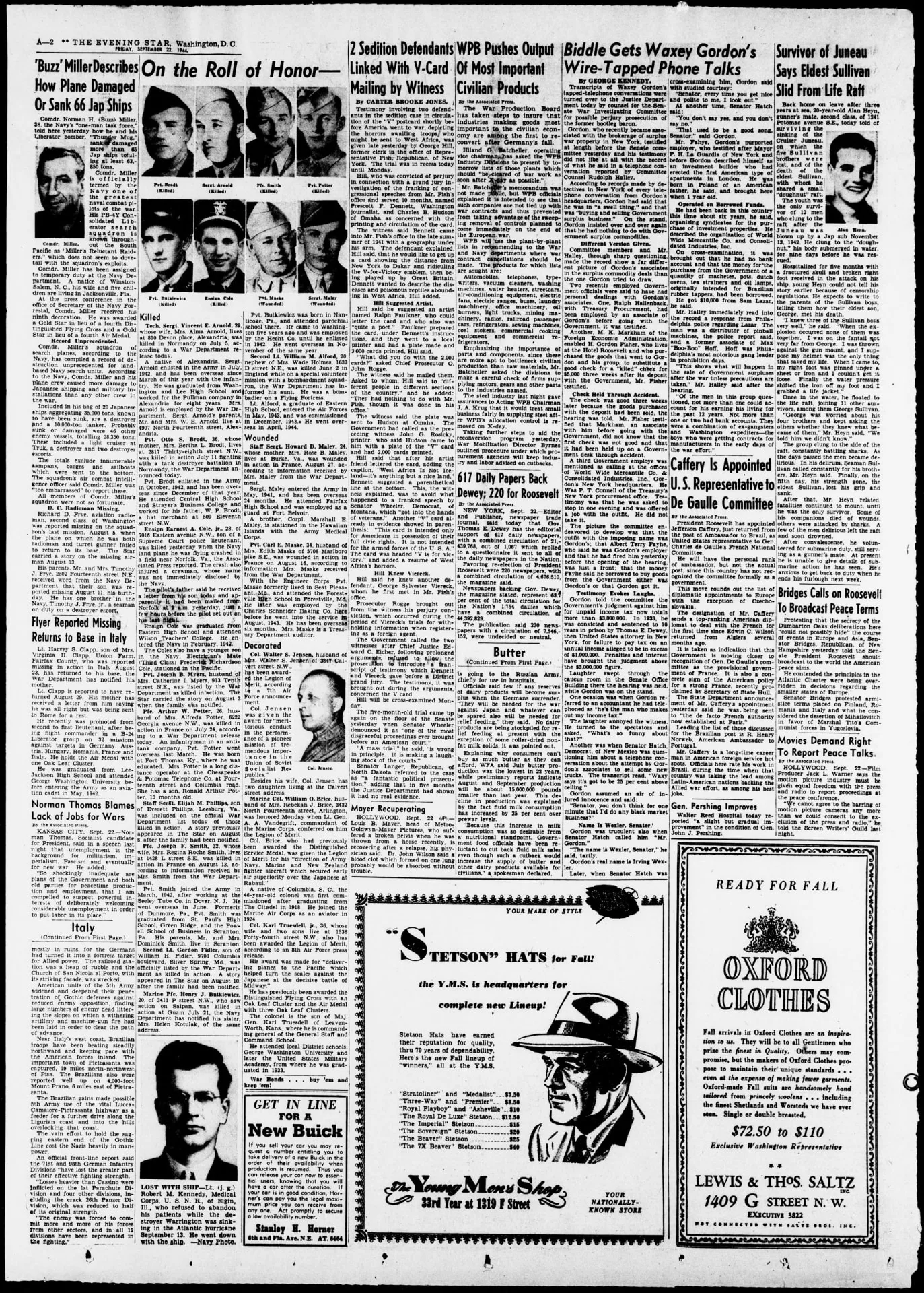 Full page A-2 of The Evening Star, Washington D.C., 22 September 1944, including the Juneau survivor interview among wartime casualty reports