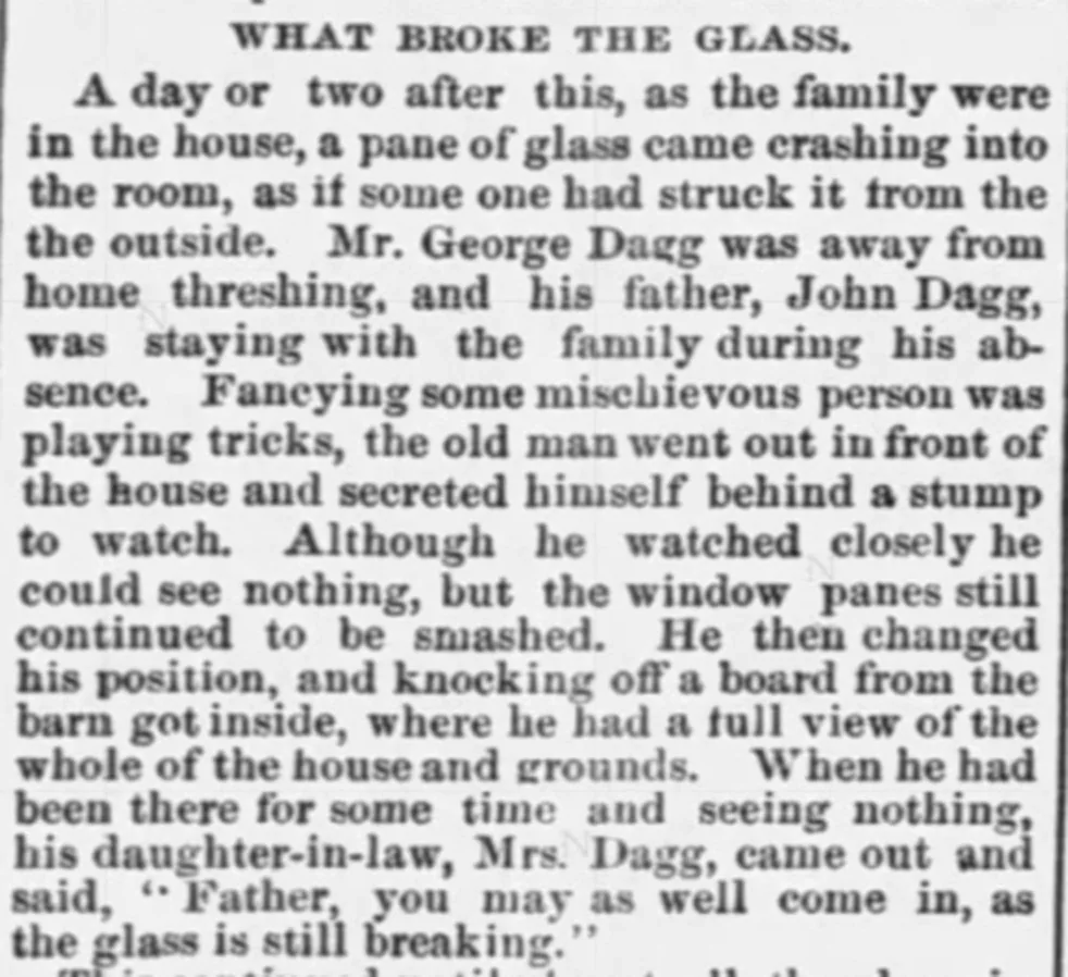 Newspaper clipping headed What Broke the Glass, describing John Dagg watching the farmhouse from a stump and barn