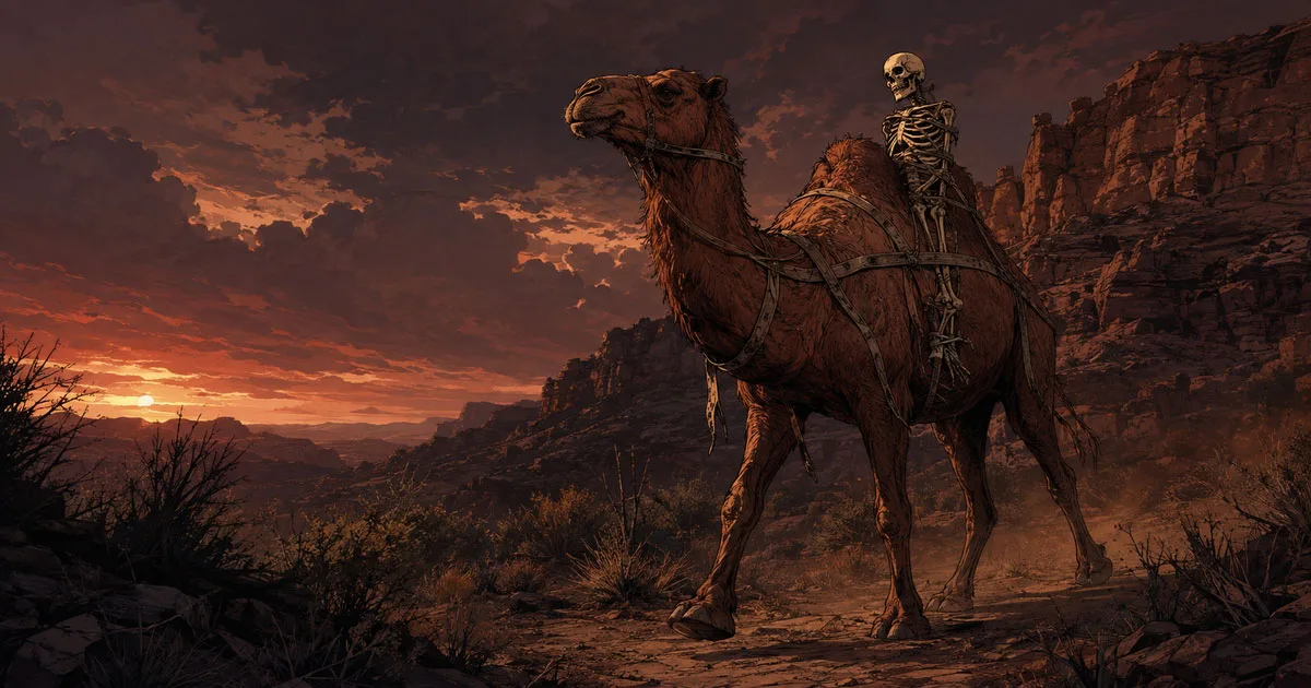 The Arizona Red Ghost, a towering reddish camel carrying a sun-bleached skeleton through a rocky Arizona canyon at sunset