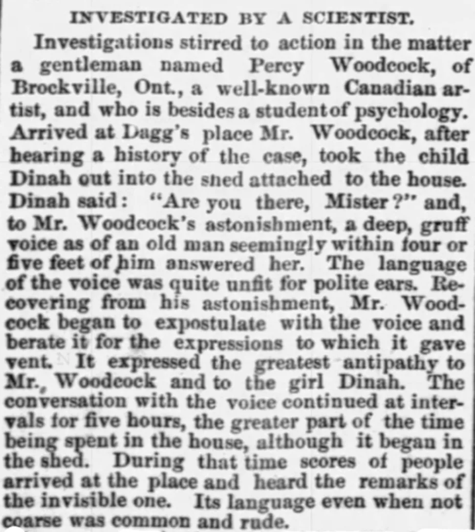 Newspaper clipping describing Percy Woodcock hearing a gruff voice after Dinah speaks in the attached shed