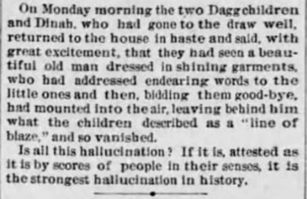 Newspaper fragment reporting the children’s sighting of a shining old man rising into the air near the well